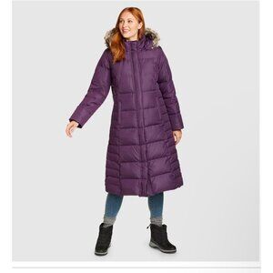 Eddie Bauer Womens Long Purple Puffer Down Coat Quilted Faux Fur Hood Size PS